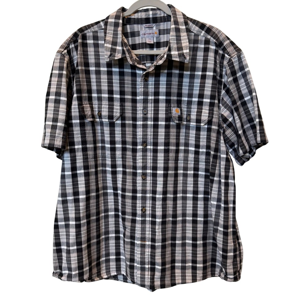 Carhartt Men 2XL Relaxed Fit Plaid Short Sleeve Button Down Shirt Black Workwear